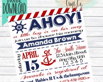 Ahoy! Nautical Baby Shower Invitation,Anchor,Red,Navy,Printable,DIY,Digital Download,5X7,Sailor,Sea,Ocean