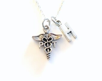 PT Necklace, Gift for Physical Therapy, Therapist Jewelry, Silver Caduceus Charm Personalized present men women him her Canadian Seller shop