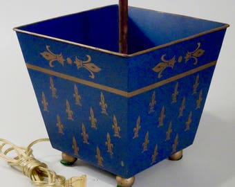 Italian Tole Painted Tin Planter Lamp Florentine Navy Blue Fleur De Lis