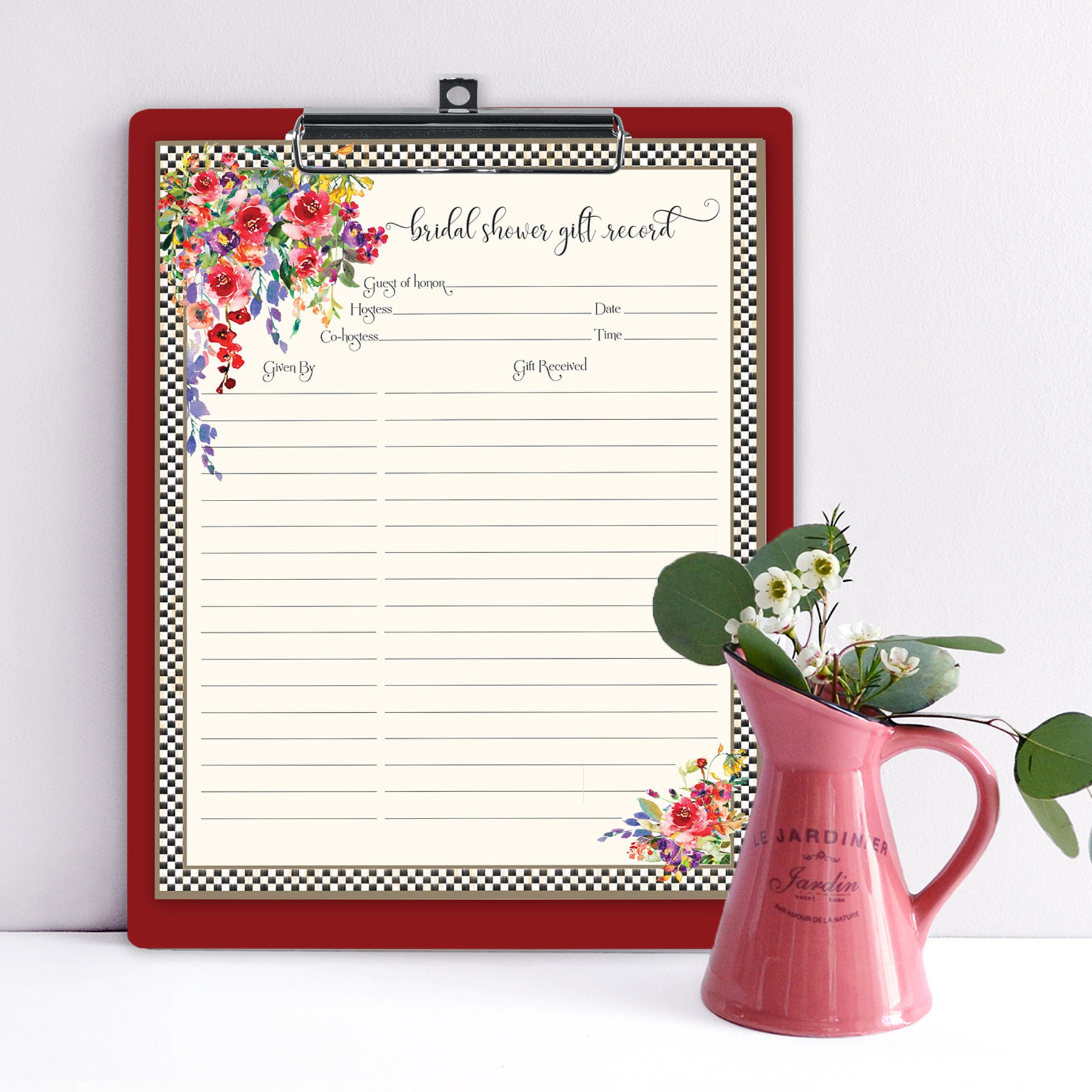 CHECKERED BRIDAL SHOWER Gift Record List Boho Printable Bridal