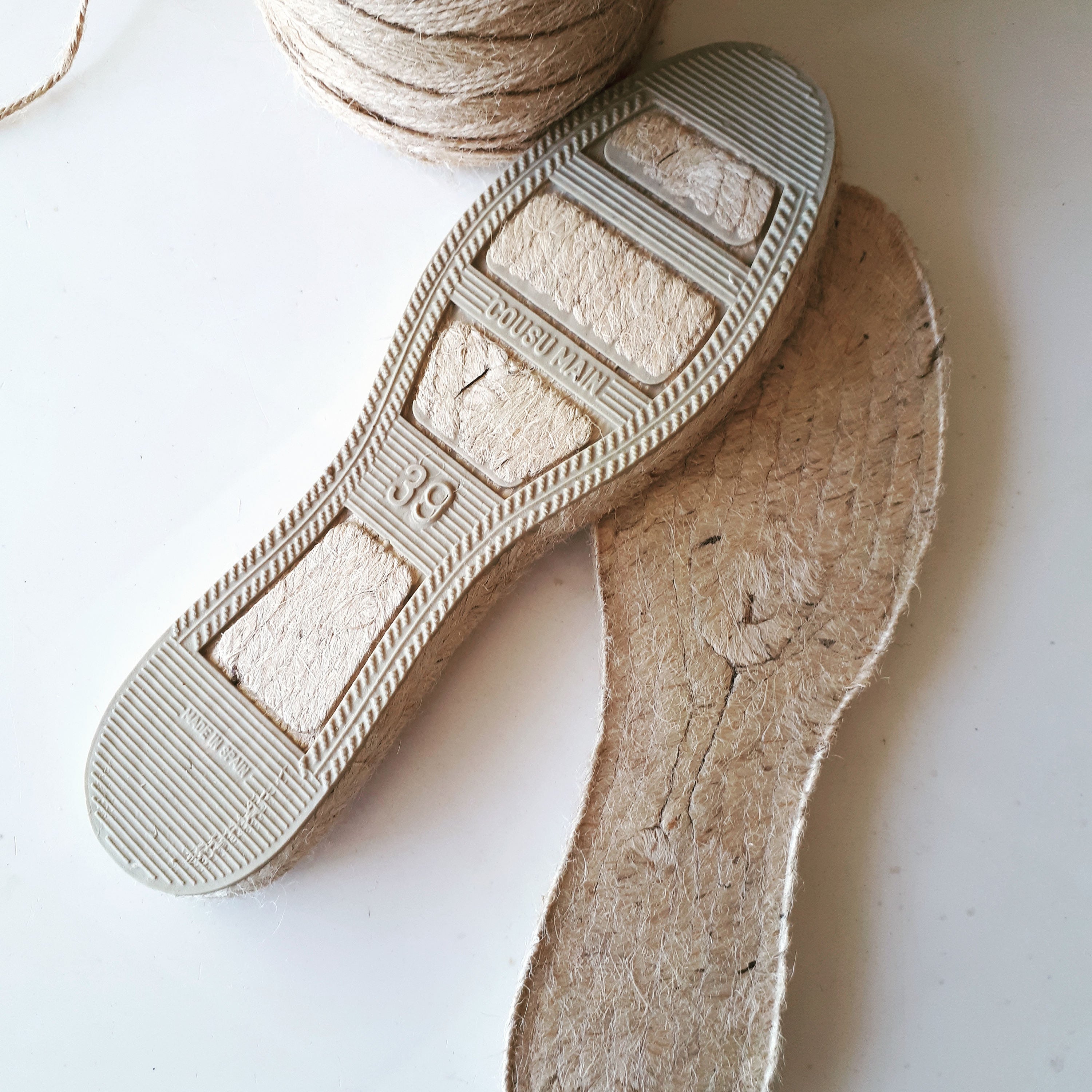 Espadrille jute soles with the base partially covered with