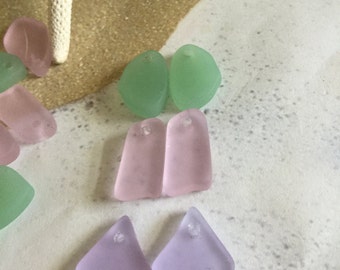 6pc sea glass pendant ~ beach glass drilled beads~ cultured sea glass ~ seaglass mixed lot~ Freeform recycled glass ~pastel glass mix~ beads