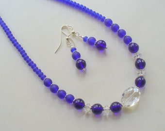 Blue Beaded Necklace and Earring Set, Cobalt Blue Glass Bead Necklace, Choker Necklace, Silver Necklace, Beaded Necklace, Gift for Her