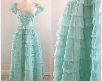 CLEARANCE Vintage Prom Dress 1960s Tiered Teal Tulle with Puff Sleeves - Full Length Gown Size Small