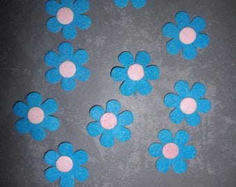 set of 10 blue/pink felt flowers