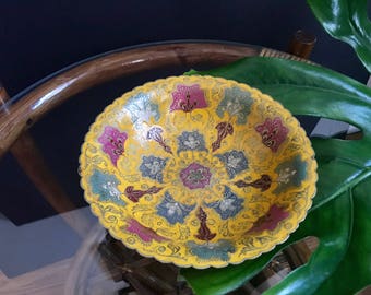 Vintage Enameled Saffron Floral Brass Bowl| Vintage Brass Decor| Vintage Enameled Bowl| Mid Century Decor| MCM Brass Bowl| Boho Chic