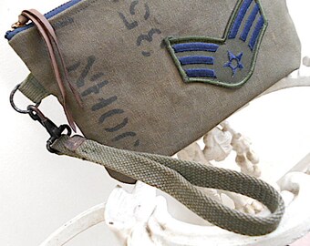 Military canvas wristlet, clutch - insignia patch - eco vintage fabrics