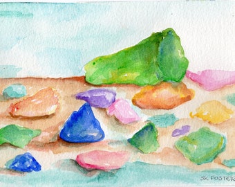 Original sea glass watercolor painting, 5 x 7 painting of beach glass in watercolors, beach decor