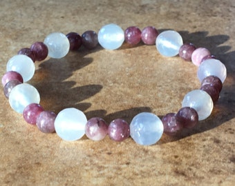 Lepidolite Bracelet/Anti-stress Stone/Yoga Bracelet Zen/Anxiety Gemstone/Mala Beads Zen/Faceted Clear Agate/Gypsy Pink Jewelry/Gift Men Girl