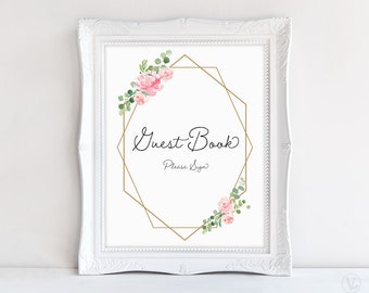 Wedding Guest Book Sign, Printable Wedding Reception Sign, 8x10, Geometric Blush Pink Floral VW20