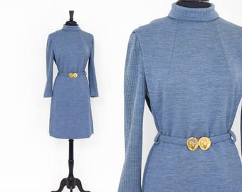50s Blue Knit Dress | Blue Grey Wool Dress | Donle | Small