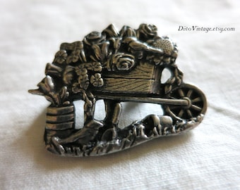 Vintage Flower Wagon Pin, Silver Tone Pin, Hat Pin, Flower Brooch, Gardening Pin, Gardener Pin, Birds and Blooms
