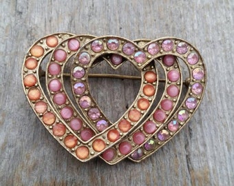 Liz Claiborne Pink and Peach Moonglow and Rhinestone Interlocking Hearts Brooch