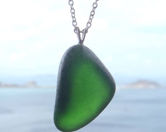 Sea glass necklace. Genuine sea glass pendant necklace. Beach glass pendant. Sea Glass Jewelry. Emerald green necklace. Gift for her.