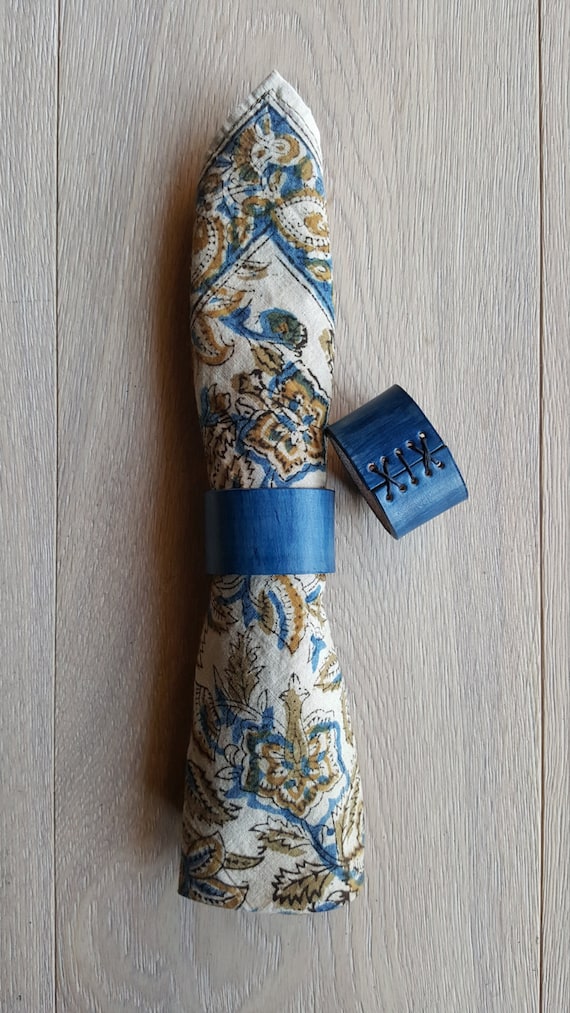 Two Blue Leather Napkin Rings Hand Dyed/Hand Sewn~ Hostess Gift ~Wedding ~ Dining ~ Alfresco ~ Housewarming ~ Home Decor ~ Gifts for Chefs