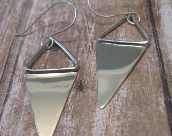 Mixed Metal Triangle Metal Earrings - Sterling Silver and Brass Earrings - Gift for Her - Dangle Earrings