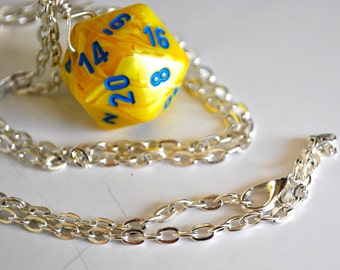 Yellow Dice Necklace - Yellow Swirl D20 Twenty Sided Dice Pendant - Geeky Gamer Jewelry Dice Jewelry