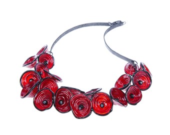 Red statement necklace, Burgundy statement necklace, Red statement jewelry, Floral statement necklace