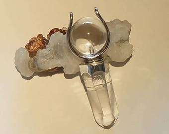 Natural Quartz Crystal One of a Kind with Crystal sphere in Sterling Silver Basket