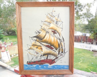 Velvet Painting, Vintage Painting, Painting of Ship, Nautical Decor, Vintage Home Decor, 70 Vintage Velvet Painting of a Beautiful Ship :)s*