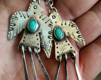 Large Thunderbird earrings. Southwestern jewelry. Thunderbird jewelry. Silver earrings. Turquoise earrings. Dangle earrings. Gypsy earrings.