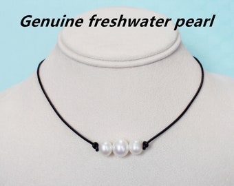 freshwater pearl necklace,leather pearl necklace, birthday gift,single pearl necklace,three pearl necklace,floating pearl necklace