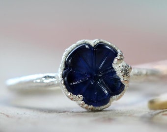 Flower Ring - Vintage Glass Ring - Blue Flower Ring - Silver Ring - Stacking Ring