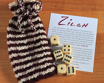 Zilch dice game with handknit bag
