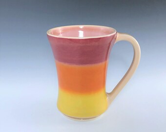 Orange Ceramic Mug, Porcelain Mug, Orange Yellow Pink Mug, Ceramic Coffee Mug, Large Tea Mug, Wheel Thrown Pottery Mug, Ceramic Coffee Cup