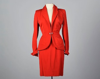 XS 1950s Suit Schiaparelli Skirt Suit Red Wool Gabardine Hourglass Blazer Pencil Skirt Separates Designer Vintage 50s