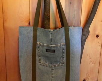 Upcycled Market Tote, Upcycled Denim Tote, Reusable Denim Shopping Bag, Denim Market Tote, Denim Grocery Bag