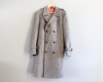Classic Irish Oatmeal Brown Tweed Pure Wool Long Coat Double Breasted Coat Vintage 80s Size M - L #O135A