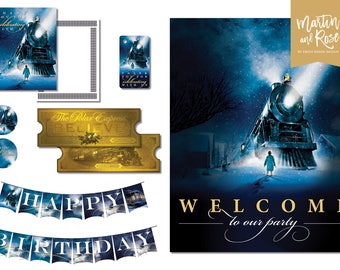 Polar Express Birthday Pack - Banner, Welcome Poster, Cupcake Toppers, Thank You Card, Favor Tag, Golden Ticket, Printable Party Decorations