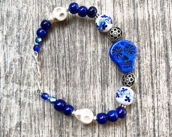Sugar Skull Bracelet - Cobalt Blue and White Sugar Skull Bracelet - Dia de los Muertos Bracelet - Day of the Dead Bracelet - Sugar Skulls