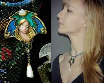 Art nouveau jewelry, polymer necklace, polymer clay jewelry, face jewelry, Art Deco jewelry, blue and green jewelry, Lalique jewelry