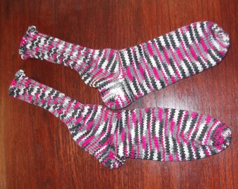 Gray, Pink, and White Stripey Socks! 100% acrylic hand knit, heavy weight socks. Easy care!
