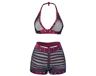Fishnet Bralette/Bottoms two-piece set (Black/burgundy)