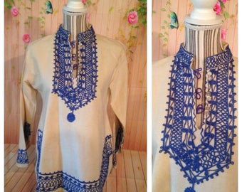 Vintage Cotton Blue and Off White Tunic