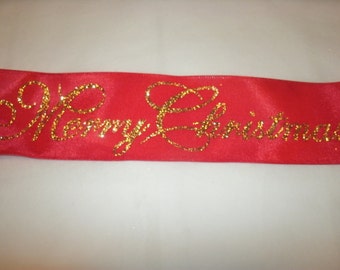 5 yds of Merry Christmas Ribbon, Holiday Ribbon, Seasonal Ribbon, Christmas Ribbon, Wired Edge Ribbon, Package Ribbon, Red Ribbon,