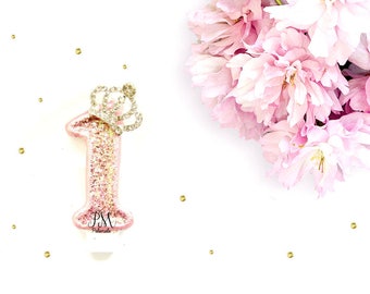 Pink Glitter Crown Number 1 Birthday Candle - glitter birthday candle, first birthday candle, custom number candle, princess candle