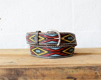 Geometric Southwestern Belt • Saddle Leather Belt • Tooled Leather • Belt Black Leather Belt • Painted Leather Boho Belt • Black Belt |BT240
