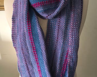 Vintage Wool Scarf - Purple and Pink Stripe 100% Wool Hand Knit. 1990s Long Scarf Warm and Cozy Gifts Under 30 Winter Fashion