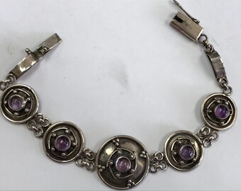 Unique Antique Sterling Silver 925 5 Round Oxidized Disc Amethyst Stones DBL Chain Link Bracelet