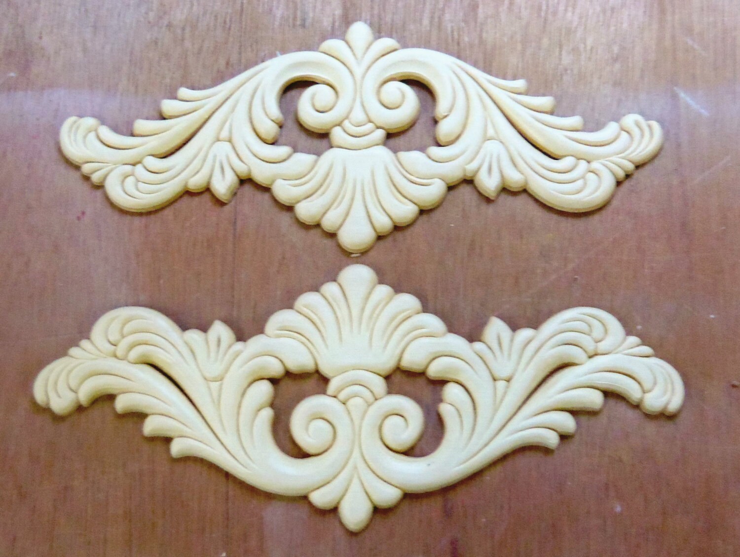 2 Wood Onlays Appliques Set of 2 Embossed Trims Ornaments
