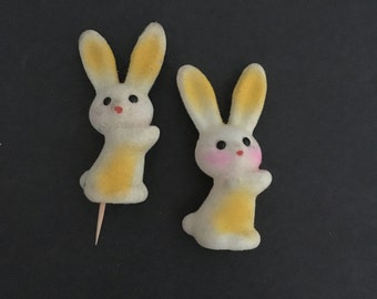 Vintage Flocked Easter Bunny Picks. Cupcake Picks. Yellow and white rabbits.