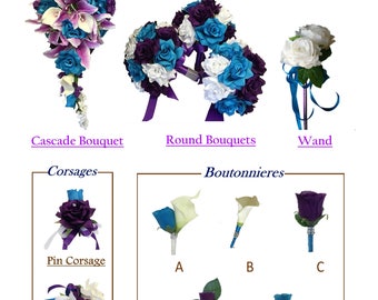 Build your wedding package-Keepsake artificial silk flowers Malibu Turquoise Blue purple lavender bouquet corsage broom basket pillow wand