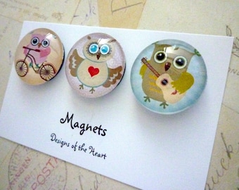 Round Glass Magnet set - Cute Owls