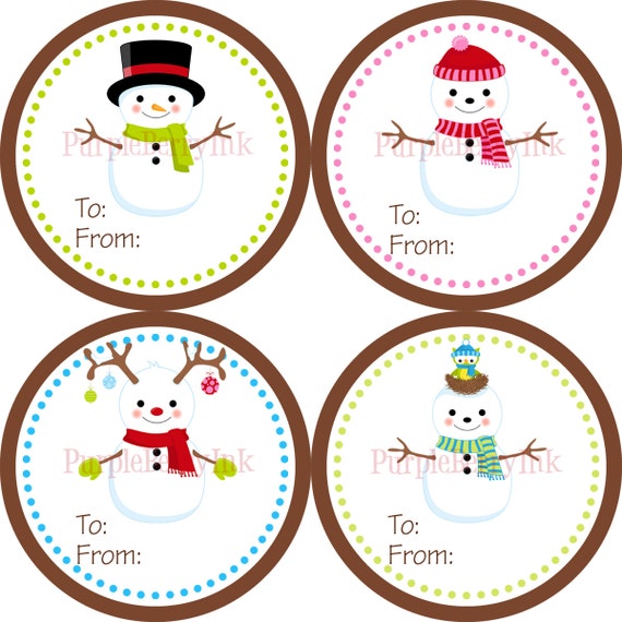 Snowman Holiday Gift Tag Stickers Green Pink and Blue Winter