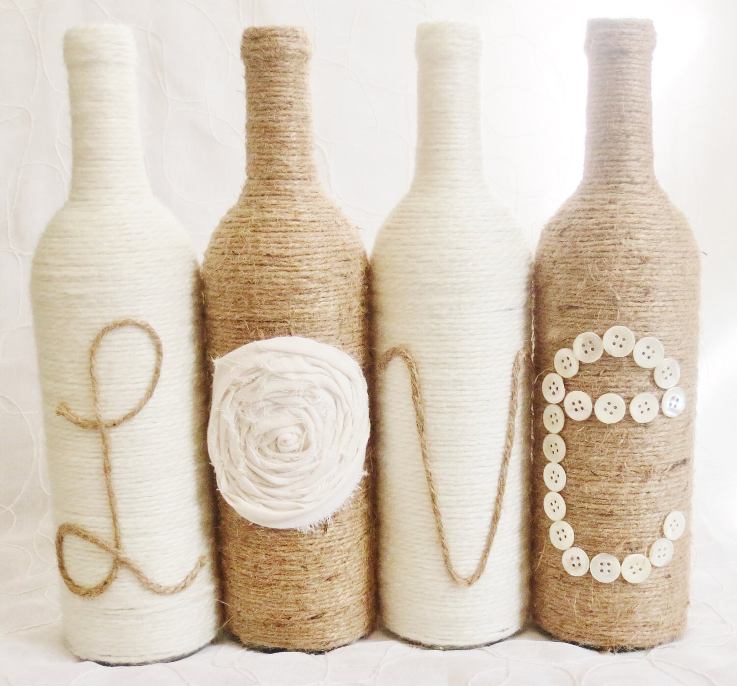 Wedding and Home Decor Twine Wrapped Bottles Set of Four