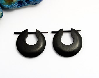 Hoop Post Earring Wood Hand Carved Tribal Style - Gauges Plugs Bone Horn - PE011 DW G1